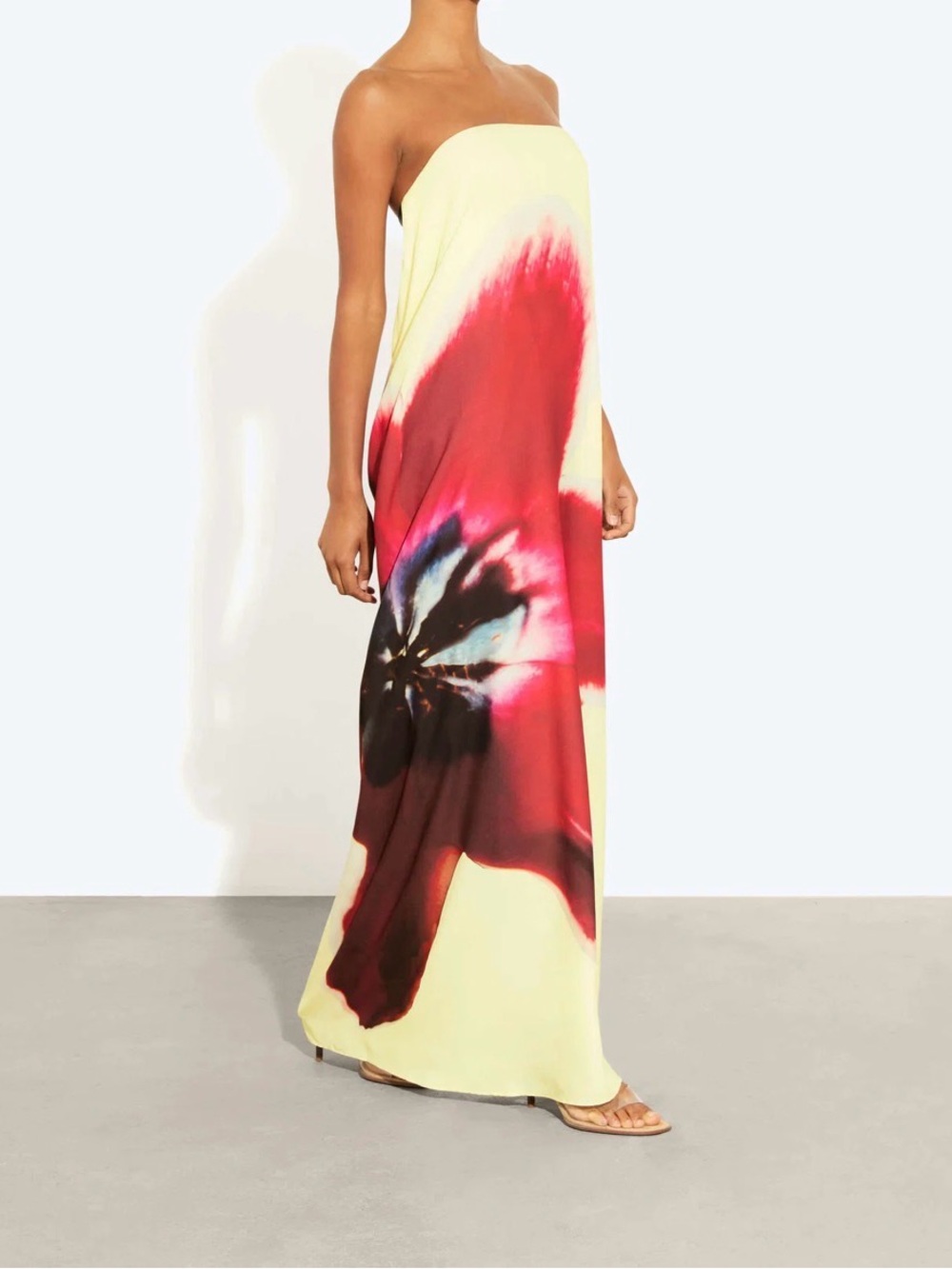 Strapless Bege/Rosé Maxi Dress with Vibrant Red Floral Accent